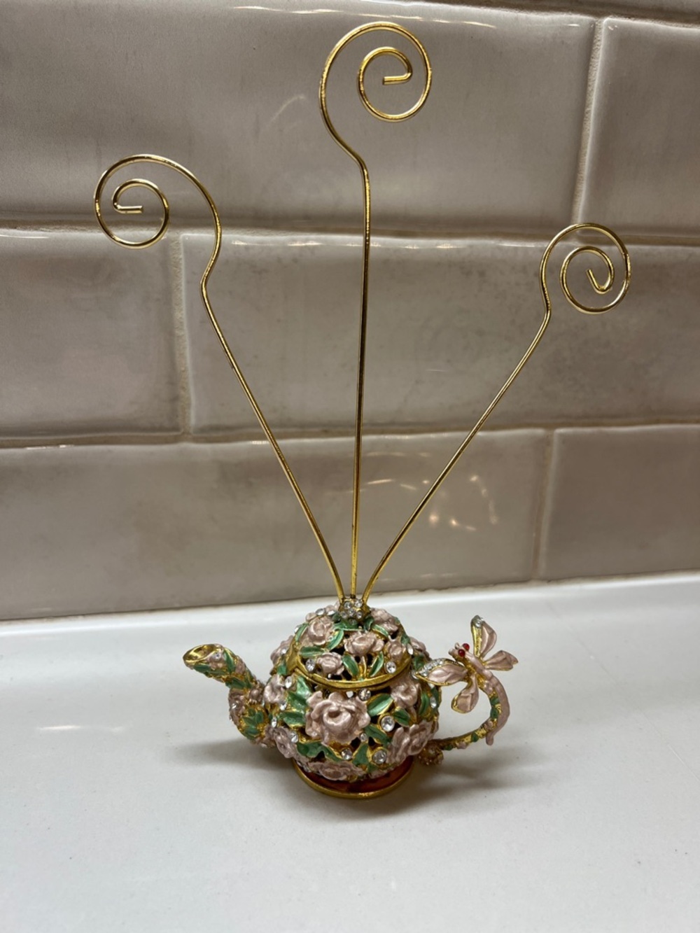 Decorative Enamel Floral Teapot Photo/Card Holder - Pink & Gold